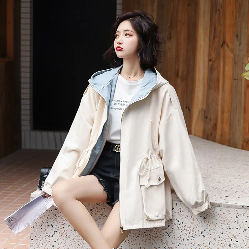 

Японская ветровка с капюшоном для женщин, Корейская ветровка средней длины, женская простая повседневная куртка большого размера в стиле р...