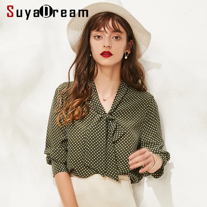 

SuyaDream Long Sleeved Bow Collar Dots Printed Blouses100%Real Silk Office Lady Blouse Shirt 2019 Autumn Shirt