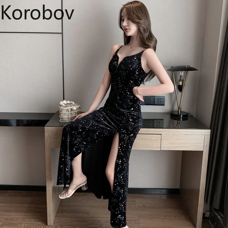 Korobov винтажное женское платье на бретелях спагетти корейские пикантные черные