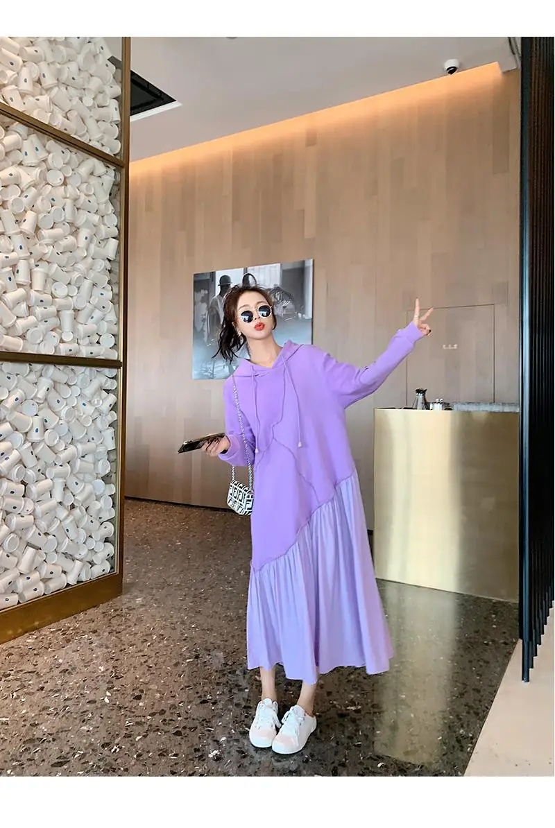 

korean style fashion patchwork lotus leaf purple dress loose comfortable ladies dress wholesale HK186
