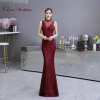 robe de soiree elegant evening dress floor length sleeveless illusion sequined party dress sparkly red mermaid evening dress