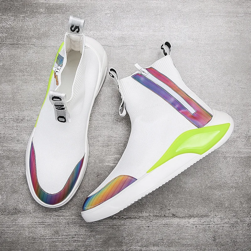 Мужские высокие вязаные туфли цветные дышащие удобная повседневная обувь модные