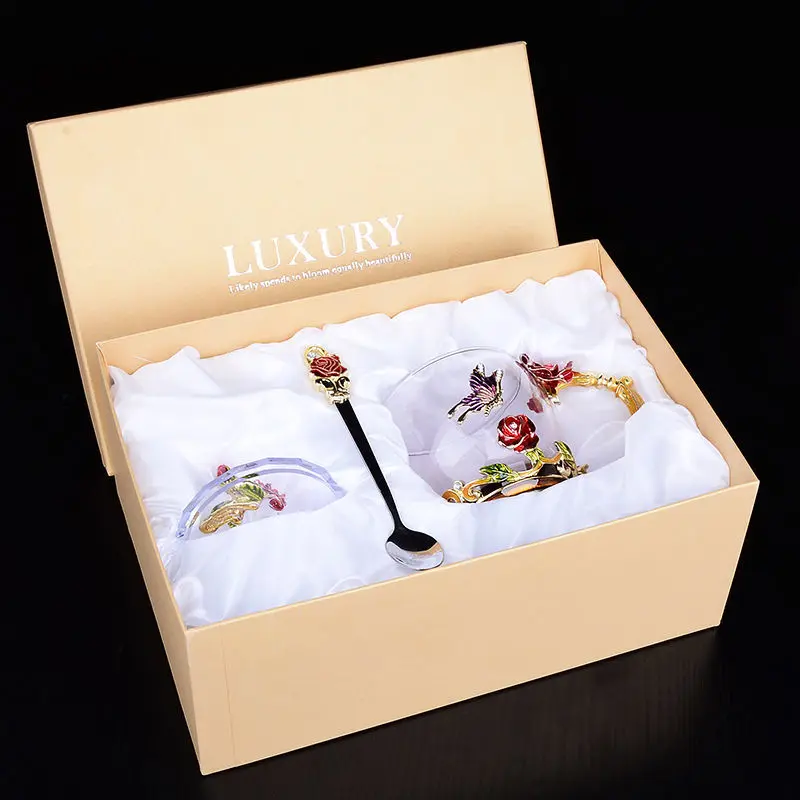 Water Cup Enamel Heat-resistant Glass Female Luo Shi Flower House Rose Tea Household Set Creative Gift Cups and | Дом и сад