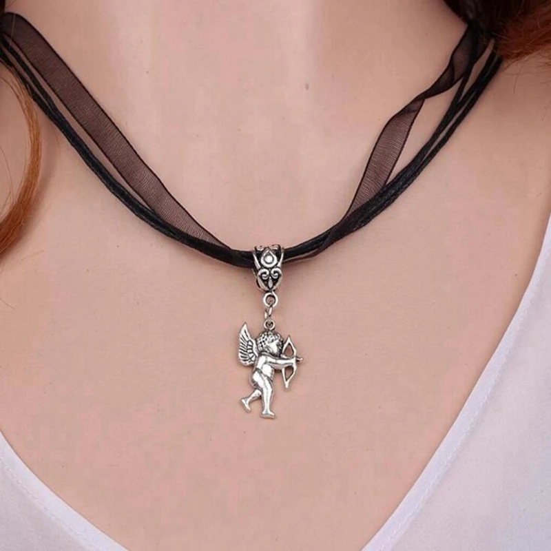 Vintage Silver Opal Angel Necklace Cupid Pendant Statement Imperial Crown Choker Hollow Ange Organza Jewelry Gift | Украшения и