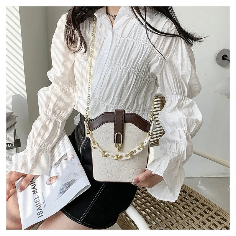 

French Minority Texture Women's Bucket Bag with Chains Pu Lether Solid Color Handbag Female Single Shoulder Bags for Women A070