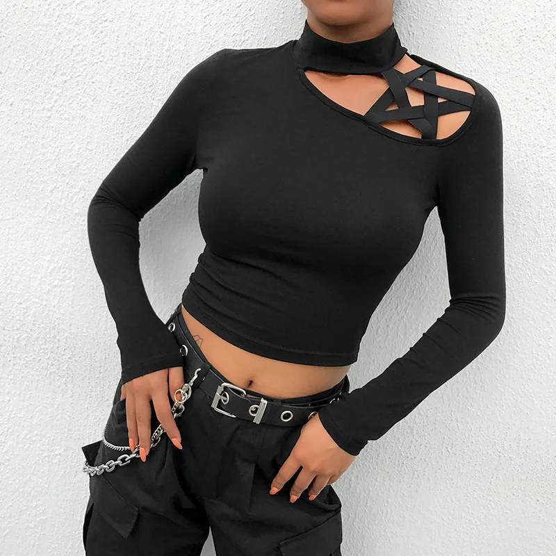 

Rosetic Gothic Short Top Slim Black Hollow Pentagram Tops Women Autumn Streetwear Hipster Fashion Club Sexy Navel T Shirts Girl