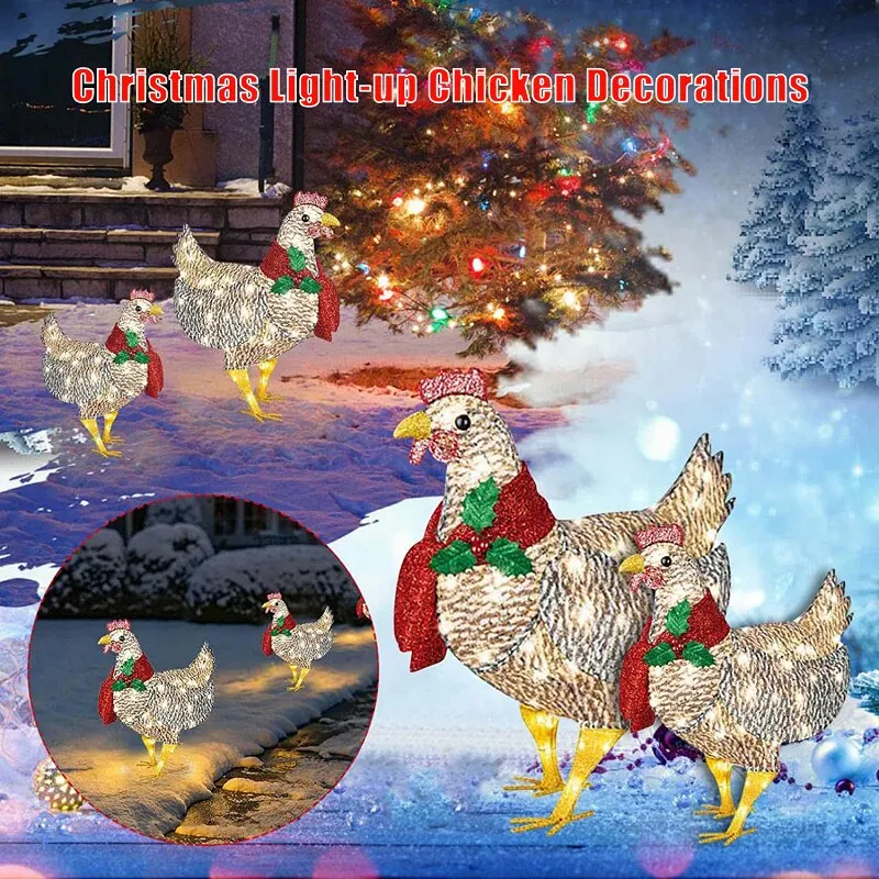 

Courtyard Decoration Light-Up Chicken with Scarf Metal Chicken Sculpture Lawn Corridor Christmas Atmosphere Decoration