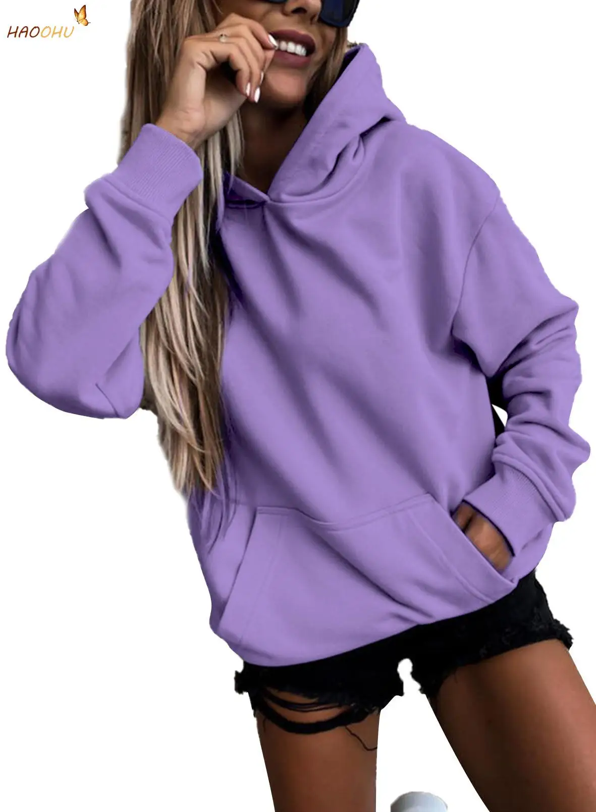 

HAOOHU Hooded Hoodie Urban Casual Commute Women 2021 New Autumn Winter Solid Color Hoodie Pocket Thread Cuff Hem Women Clothes