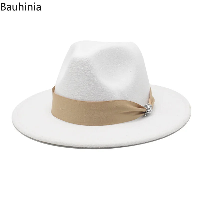 

Bauhinia New 7CM Wide Brim Fedora Hats For Women Winter Felt Jazz Cap Panama Dress Wedding Hat Sombreros De Mujer