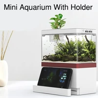 desktop creative usb mini aquarium fish tank with phone holder with led lamp light betta fish fighting cylinder