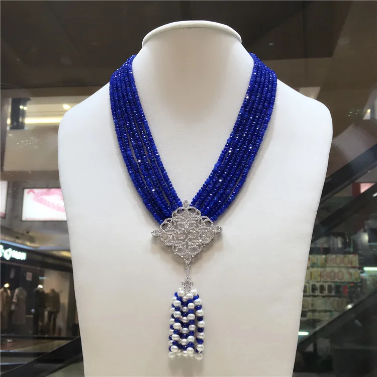 

Hand knotted natural 2x4mm blue stone multilayer white freshwater pearl zircon micro inlay accessories tassel necklace