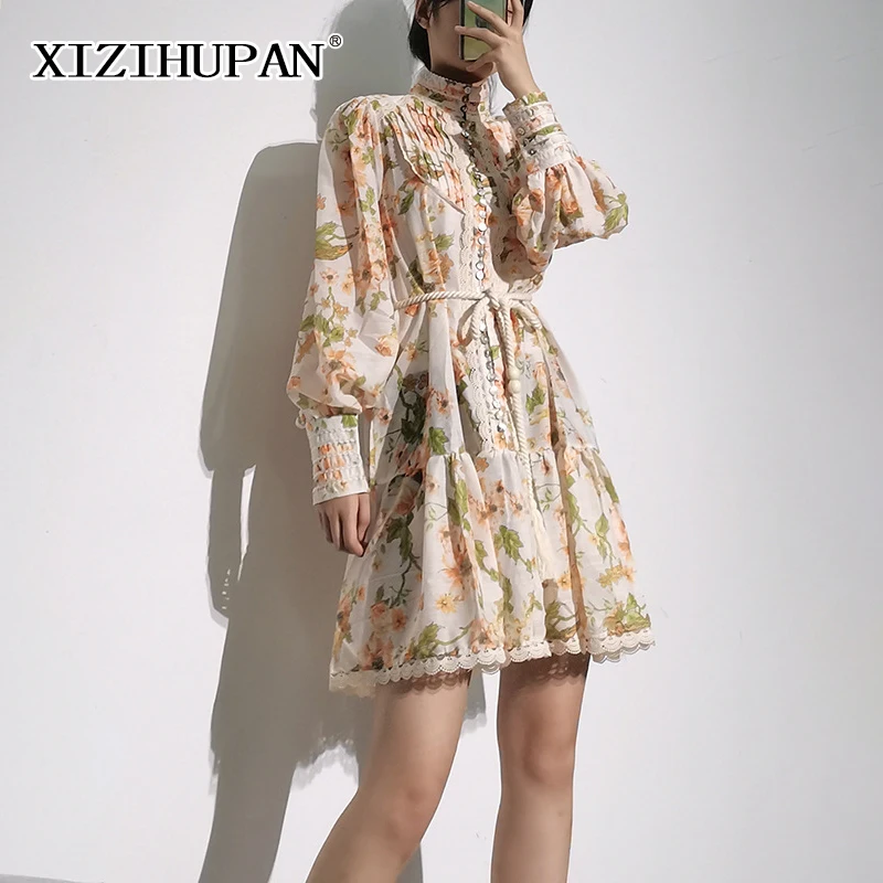 

XIZIHUPAN Casual Floral Print Casual Women's Dresses Stand Collar Long Sleeve Gathered Waist A Line Mini Dress Woman Summer 2021
