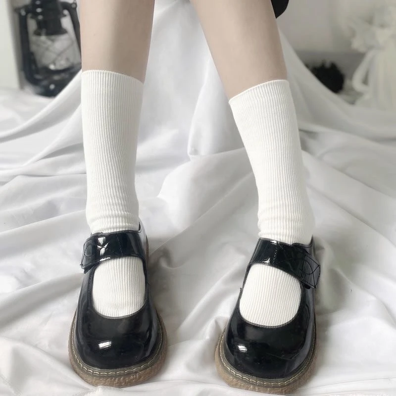 CHAOZHU Black White Jk Uniform School Girls Lolita Cosplay Accessories Socks Girls Cotton Knitting Lace Top Loose Rib Sockken