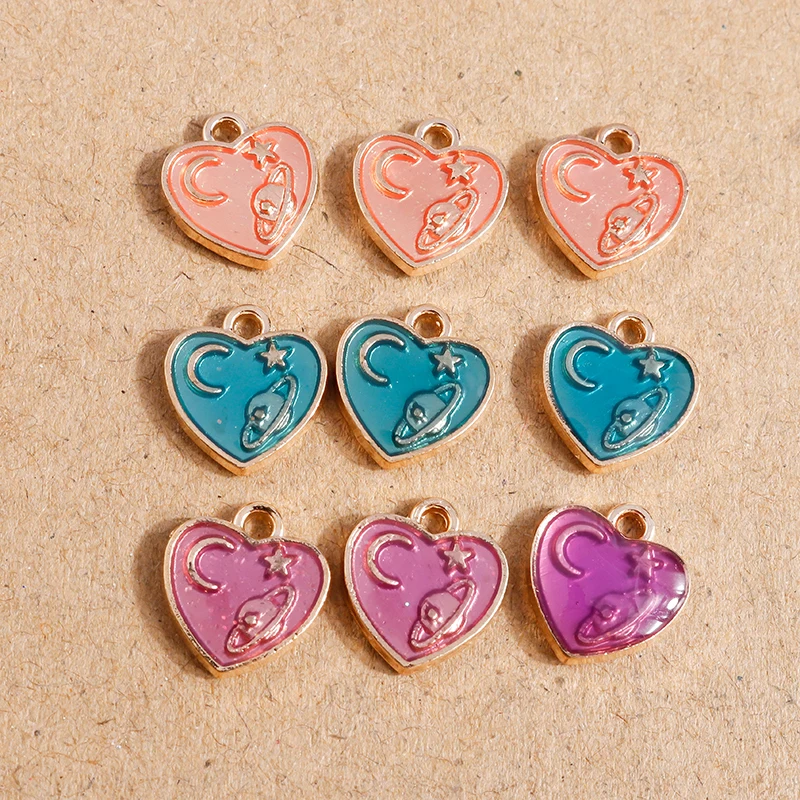 

10pcs 11*12mm Enamel Love Heart Charms for DIY Jewelry Making Star Moon Planet Charm Pendants Fit Necklaces Earrings Accessories