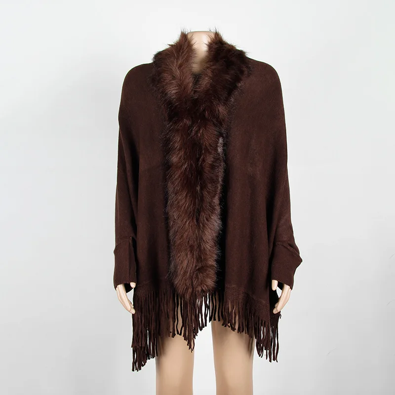 

2021 Women's Casual Loose Shawl New Fake Fur Collar Cardigan Cloak Tassel Solid Color Jacket