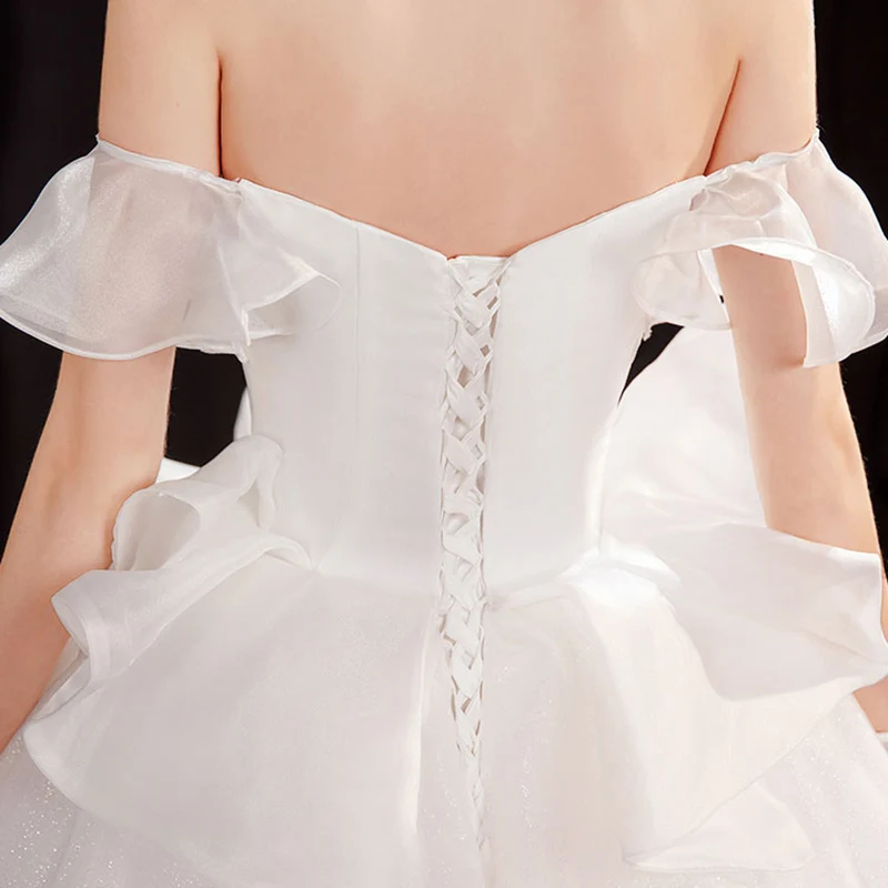 

Wedding Dresses Luxury White Illusion Strapless Tulle Lace Backless Pleat Off The Shoulder Short Vintage Women Bride Gown TS707