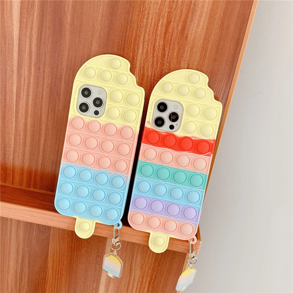 

10pcs/Lot Mixed Ice Cream Pop Fidget Toys Push It Bubble Silicone Beans Case For iPhone 3D Cartoon Soft Cover Wholesale