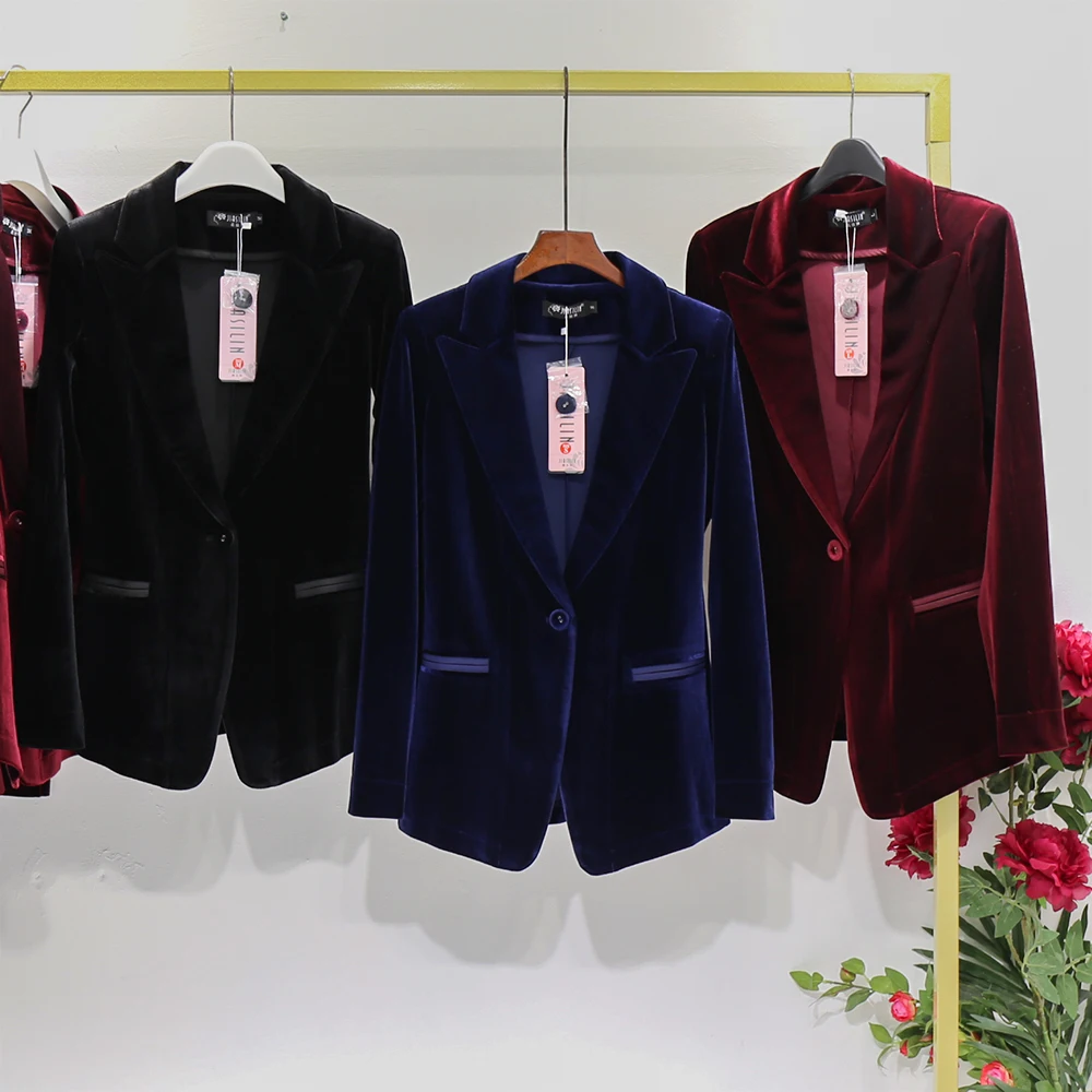 

Spring and Autumn European and American fashionwomen's high quality gold velvet suit jacket solid color slim suit Blazer & Suits