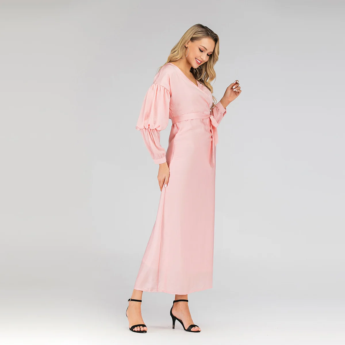 

V-neck Pile Up Long Sleeves Long Dress Women Slim High Waist Maxi Dresses Solid Elegant Casual Robes T6083