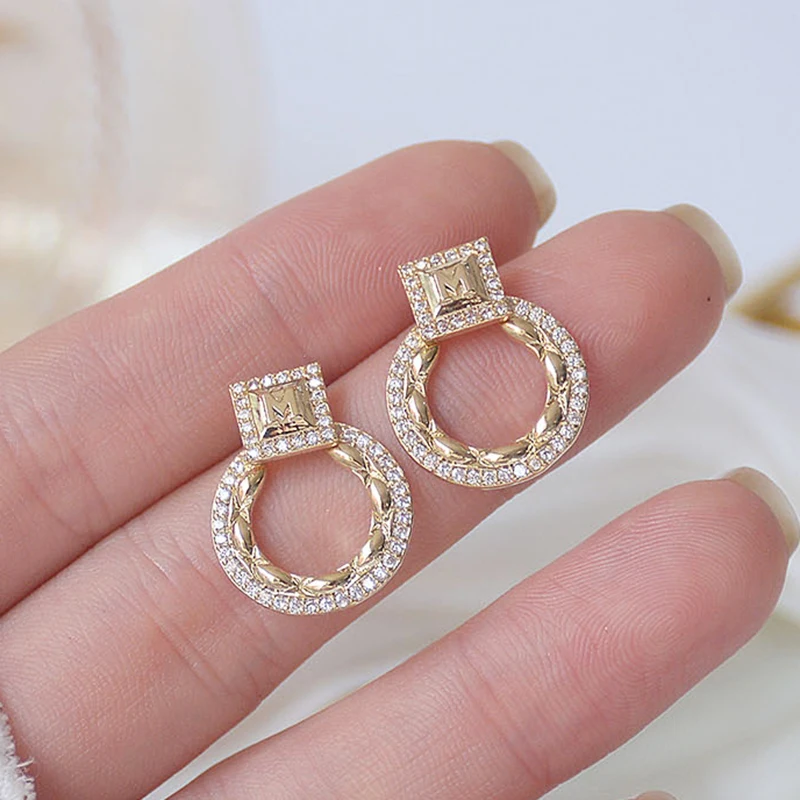 

Luxury 14K Real Gold Square Circle Earrings for Women Jewelry Brilliant AAA Zirconia S925 Silver Needle Stud Wedding Party Gift