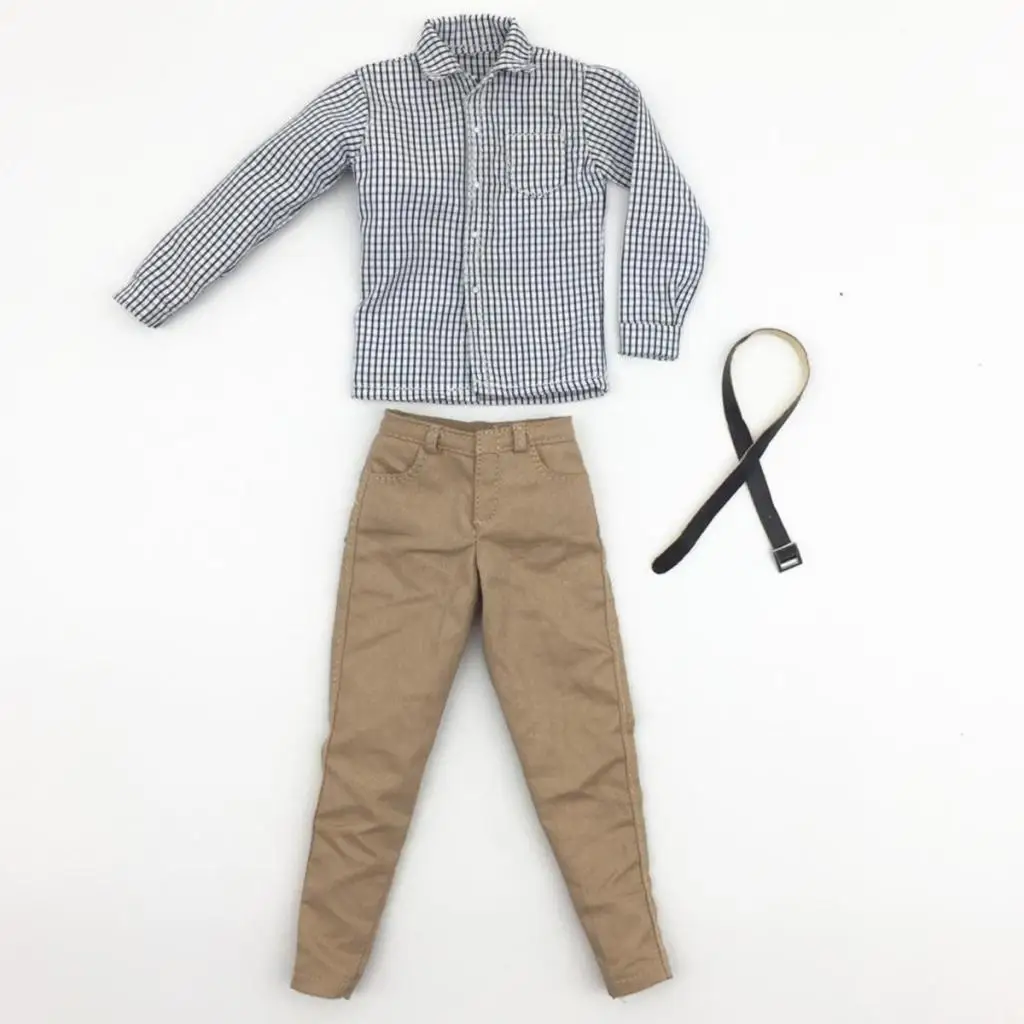 

MagiDeal 1/6 Male Gray Plaid Shirt Khaki Pants w/ Belt for 12'' /Kumik
