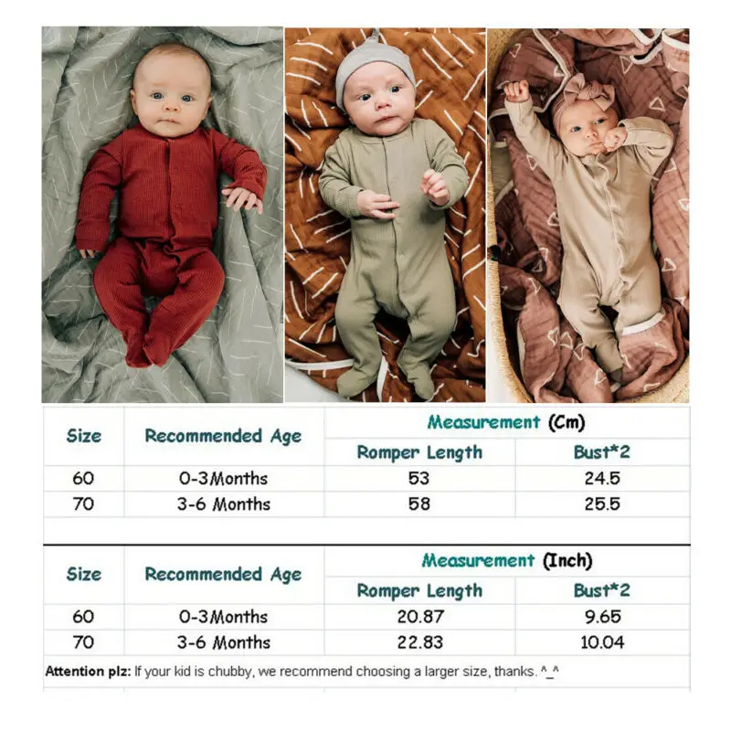 Новорожденные Мальчики Девочки 0-6M с длинным рукавом однотонный ребристый