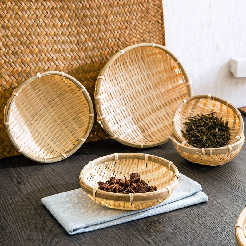 

Handmade Bamboo Weaving Round Storage Basket Fruit Dish Rattan Bread Basket for Kitchen Food Picnic Bread Sundry Mini Container