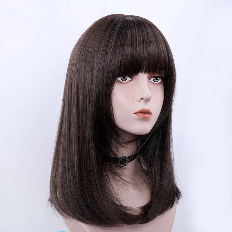 

LIANGMO medium long hair wig cold brown/black with bangs anime cosplay clavicle hair synthetic heat-resistant wig for women