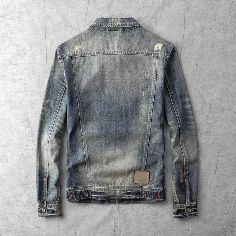 

Fashion Hole Korean Ripped Pockets Mens Denim Jackets Long Sleeve Slim Fit Zipper Fly 100% Cotton Male Outerwear Coats Plus Size