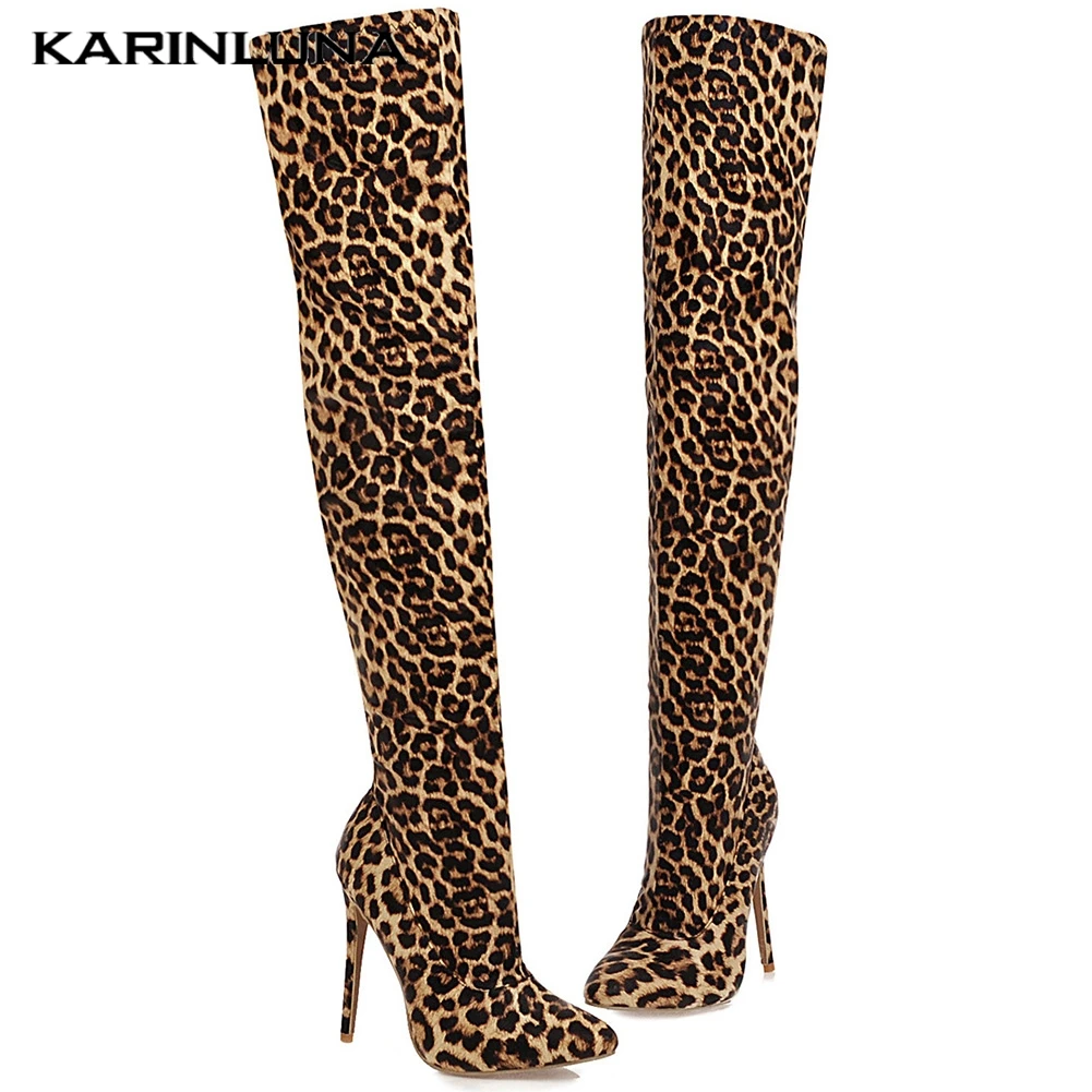 

Karinluna New Large Size 48 In Stock Dropship Sexy Leopard Thin High Heels Woman Shoes Over The Knee Party Boots