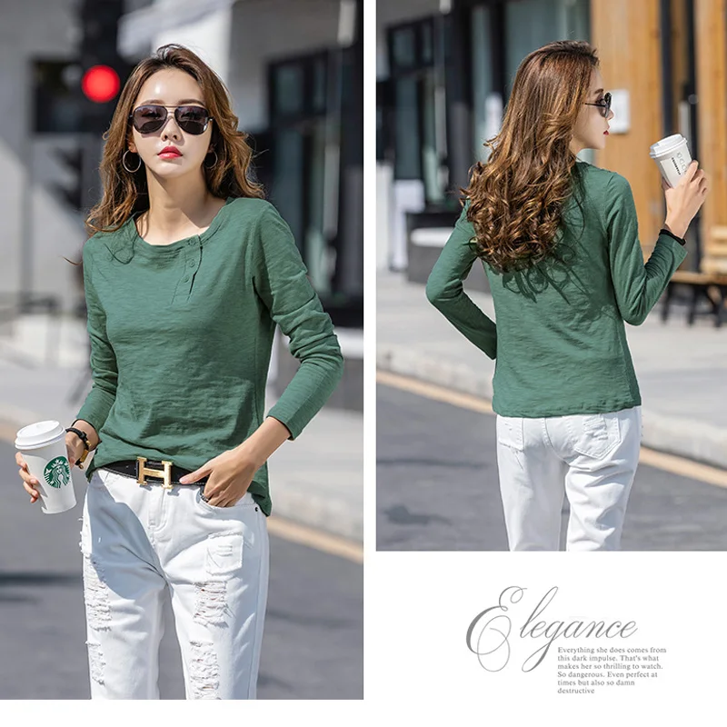 Женская хлопковая футболка на пуговицах однотонная Элегантная с длинным рукавом