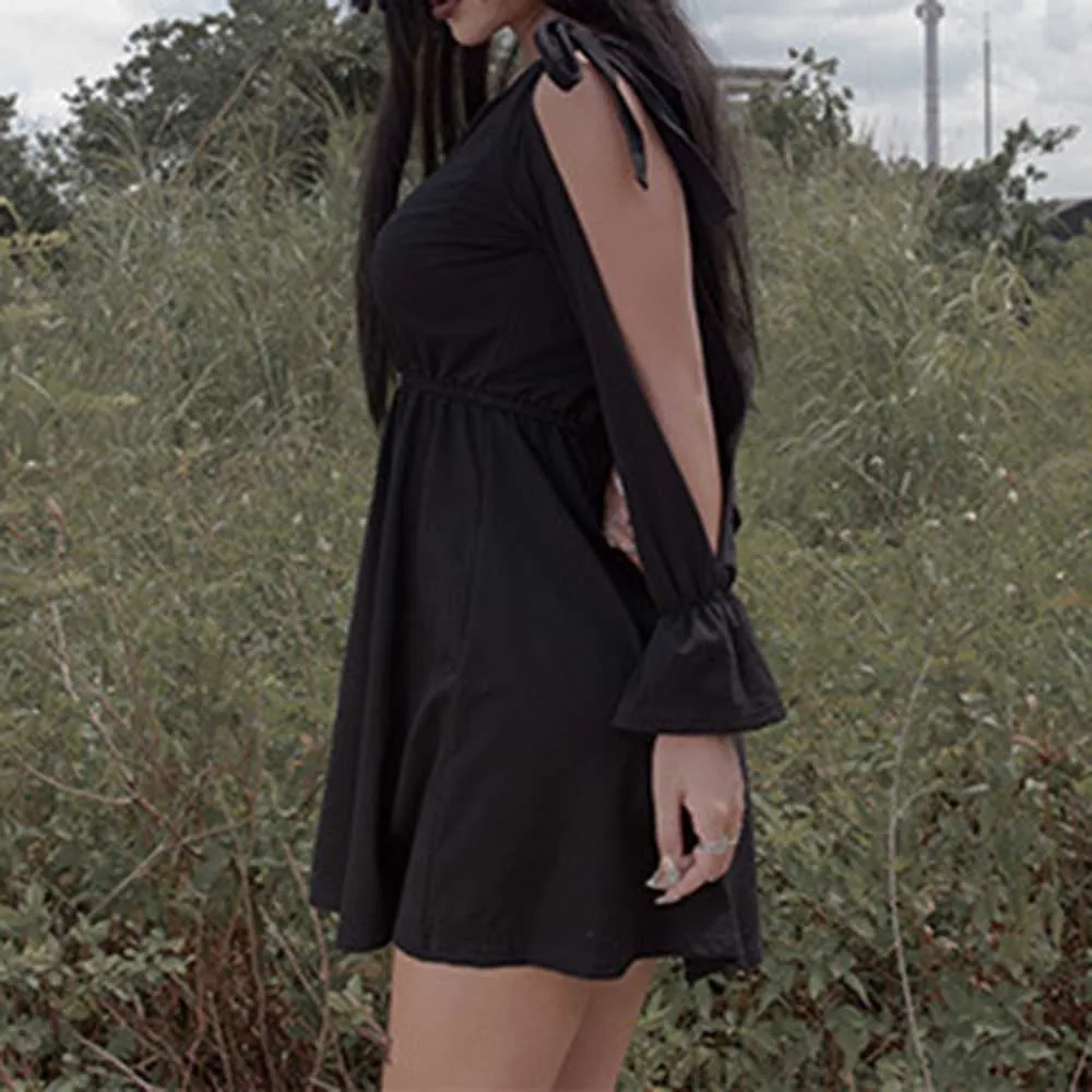 Черное готическое женское мини-платье кружевное платье с открытыми плечами