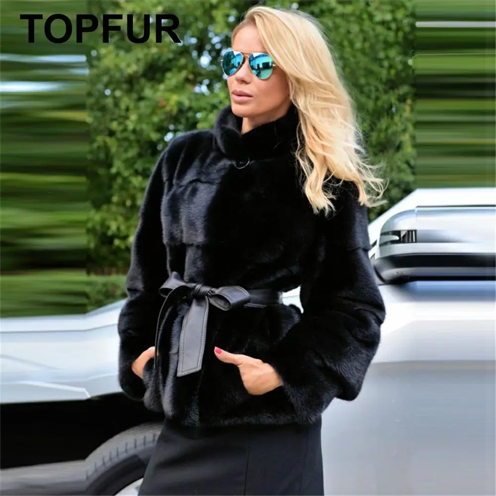 Модное черное пальто TOPFUR с поясом зимнее из натурального меха женская зимняя