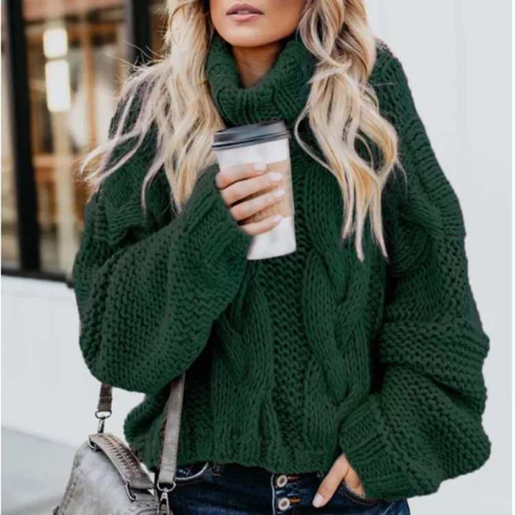 

Autumn/winter New Fashion High Neck Pullover Sweater Women Europe And America Casual Loose Short Solid Color Twist Thick Long