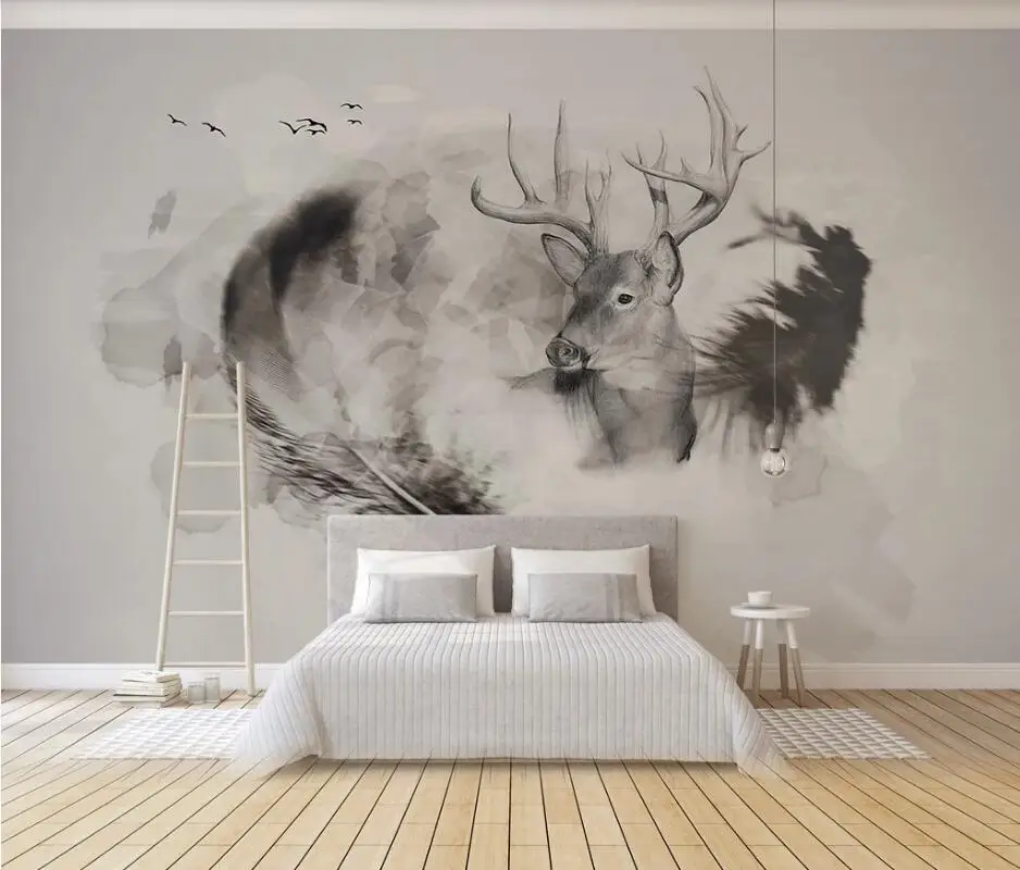 

AINYOOUSEM Modern ink elk and feather background wall papier peint papel de parede wallpaper 3d wallpaper stickers