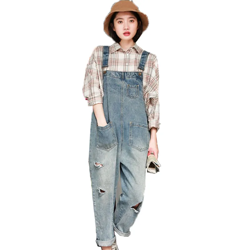 Женский джинсовый комбинезон свободные джинсовые комбинезоны с тонкими дырками