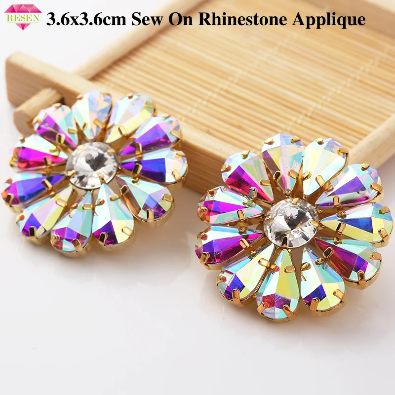 RESEN 3 6 см пластиковые кристаллы AB Стразы аппликация Кнопка Золотая основа