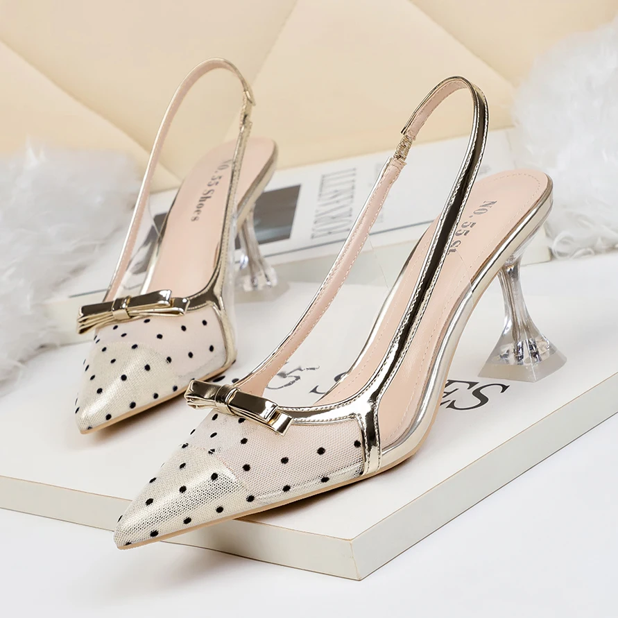 

Anance women's shoes pointed polka dot high heels bow transparent sandals cat heel net red fairy style women shoes 2020 summer