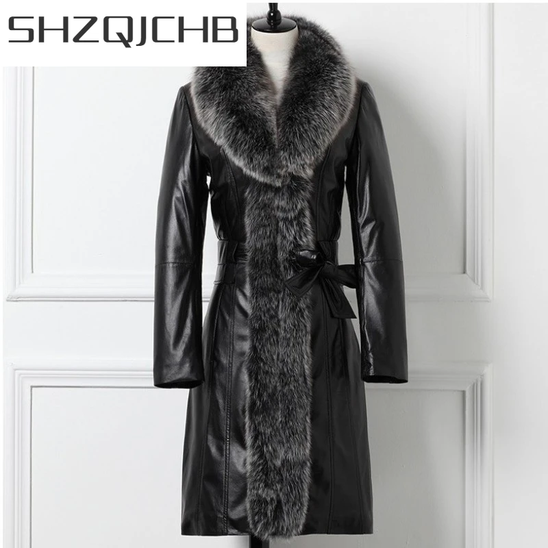

JCHB 2021 New Winter Women Genuine Leather Down Jacket Warm Real Fox Fur Collar Sheepskin Long Coat Sashes Slim Fit Overcoat Plu