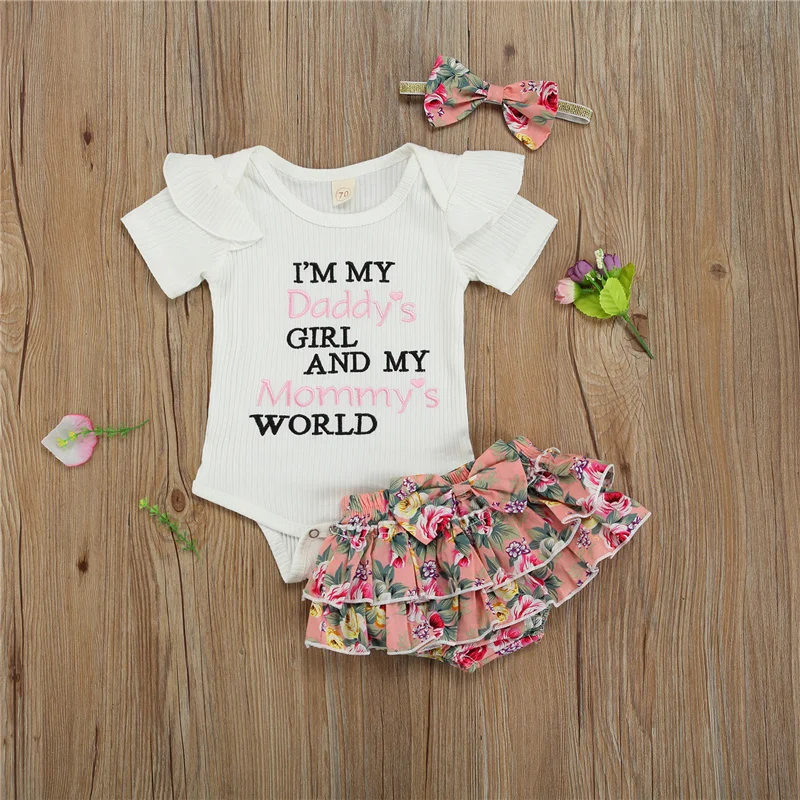 

3pcs 0-2Years Baby Girls Cotton Clothes Sets,Summer Sweet Cute Short Sleeve Letter Embroidery Romper+Floral Shorts+Headband Set