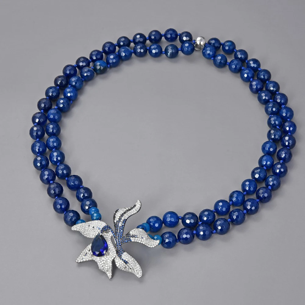 

20'' 2 Rows Blue Agate Necklace CZ Flower Pendant