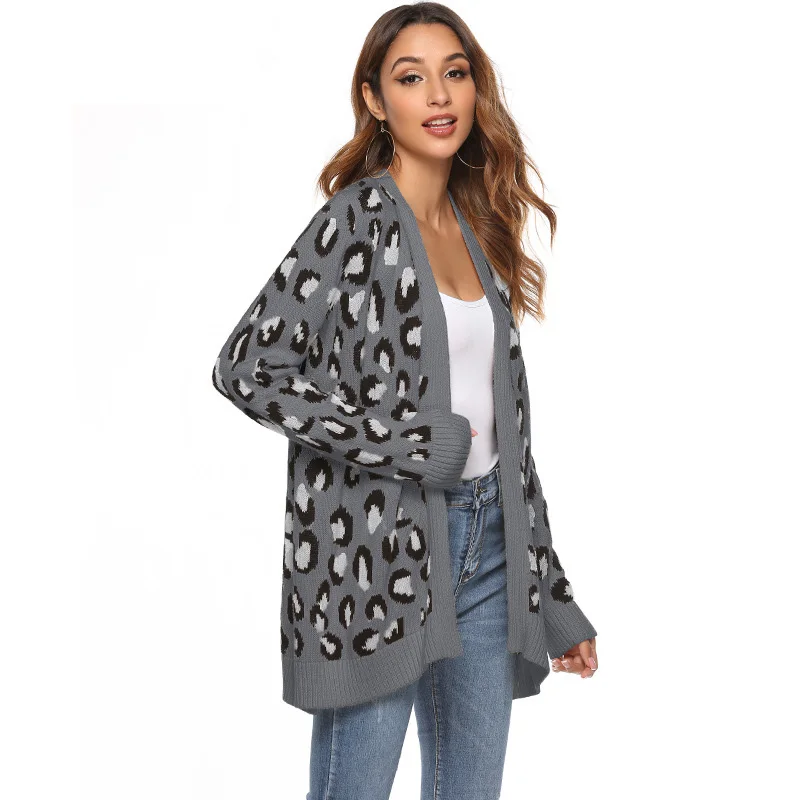 Women Elegant Leopard Print Knitted Long Sleeve Cardigans Autumn Winter Sweater Jacket Loose Coat Casual Oversized Knit |