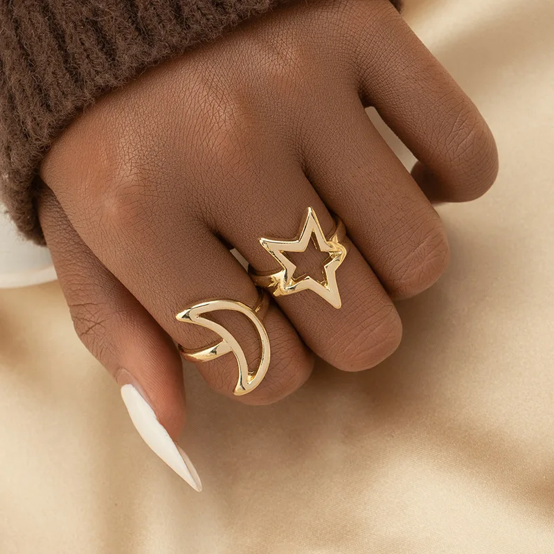 

Trendy Jewelry Star Moon Rings Popular Style Metal Alloy Golden Silvery Plating 2 pc Per Set Rings For Women Gifts