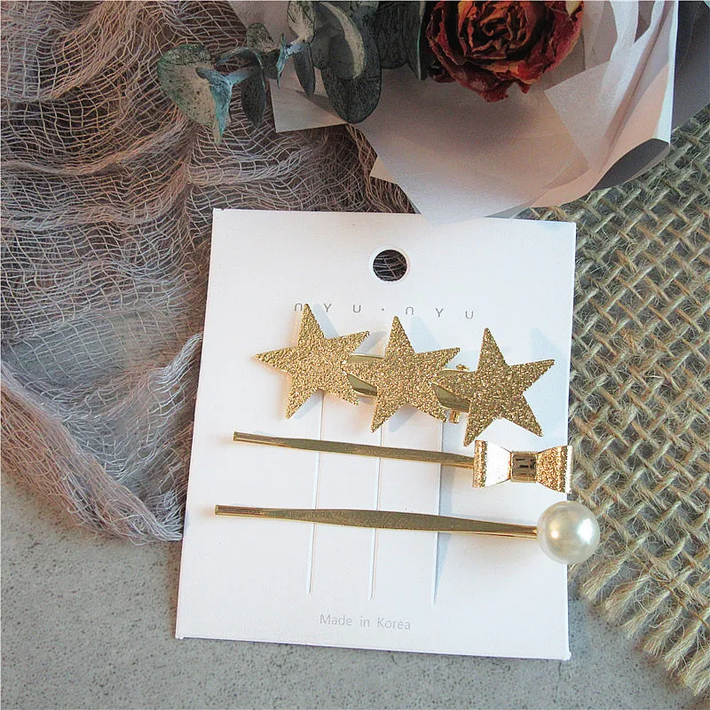 3pc Star clip Корейская мода металлическая Золотая заколка в виде геометрических фигур имитация жемчуга любовь письмо заколка для волос блестящая Звезда длинная полоса Заколка-Утконос - Окраска металла: 3pc Star clip