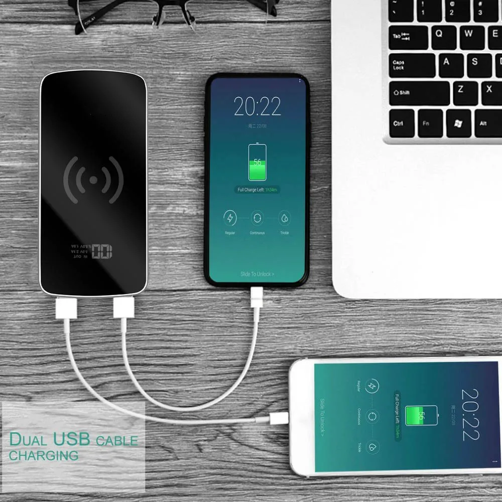 Беспроводное зарядное устройство Qi 2 USB портативное быстрое 30000 мАч для iPhone 8 X XS Max