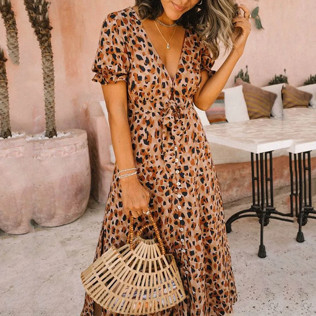 Женское винтажное платье с цветочным принтом длинное пляжное поясом V-образным