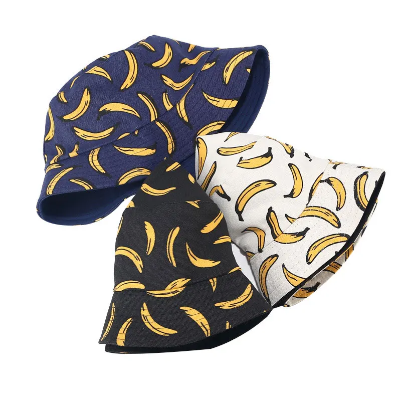 

Banana Printed Cap Basin Cap Men Women Canvas Fisherman Hat Wide Brim Sun Caps A66