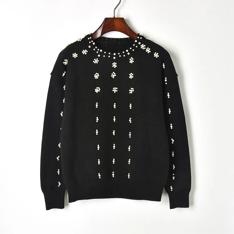 

Luxury beading Crew Neck Sweater Women 2018 Winter New Hand Beaded O-Neck Knit Sweater Women Causal Pullover Top