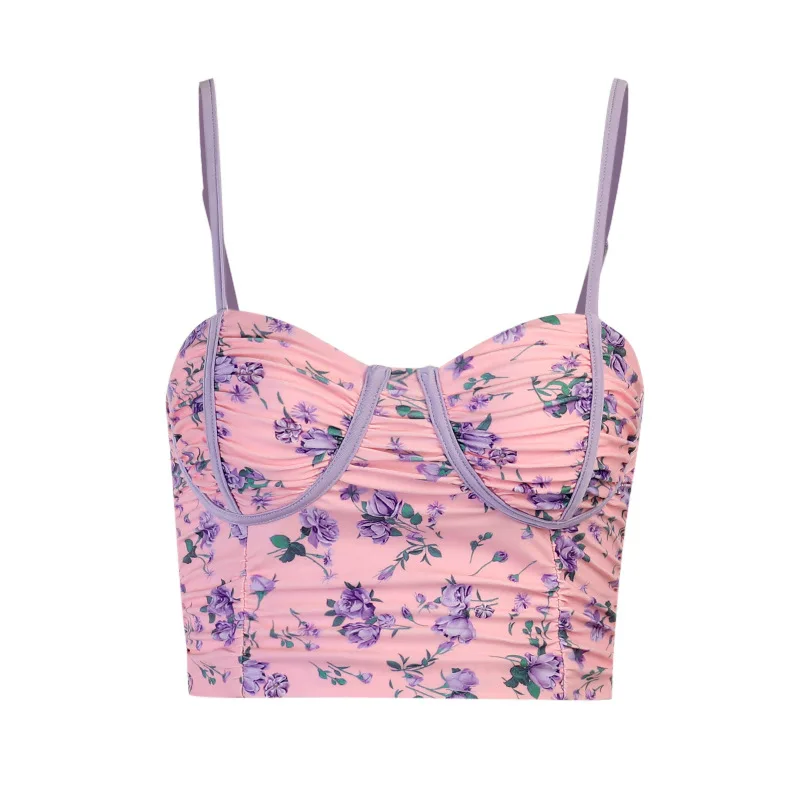 

2021 summer European American crushed flower sexy open-back sling fashion open umbilical cord fine belt printed small vest 21244