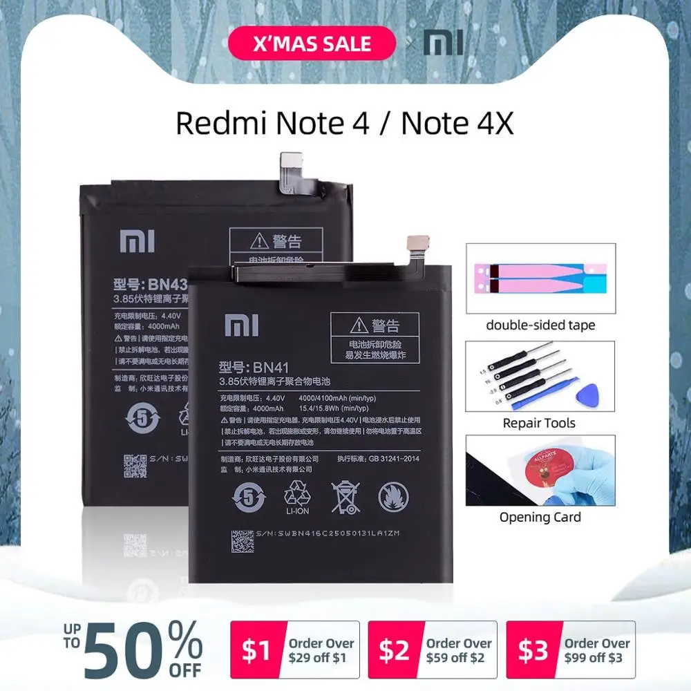 BN41 4100mAh для XIAOMI Redmi Note 4 Аккумулятор Redmi Note 4X Pro Аккумулятор MTK Mediatek X20 BN41